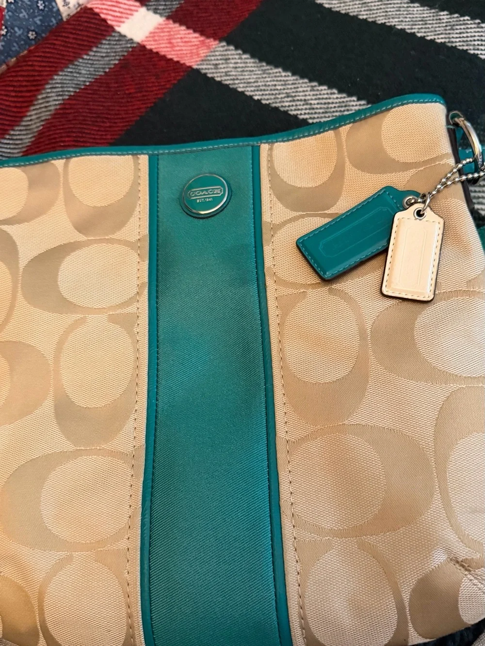 Coach Signature Crossbody Bag in Teal and Tan